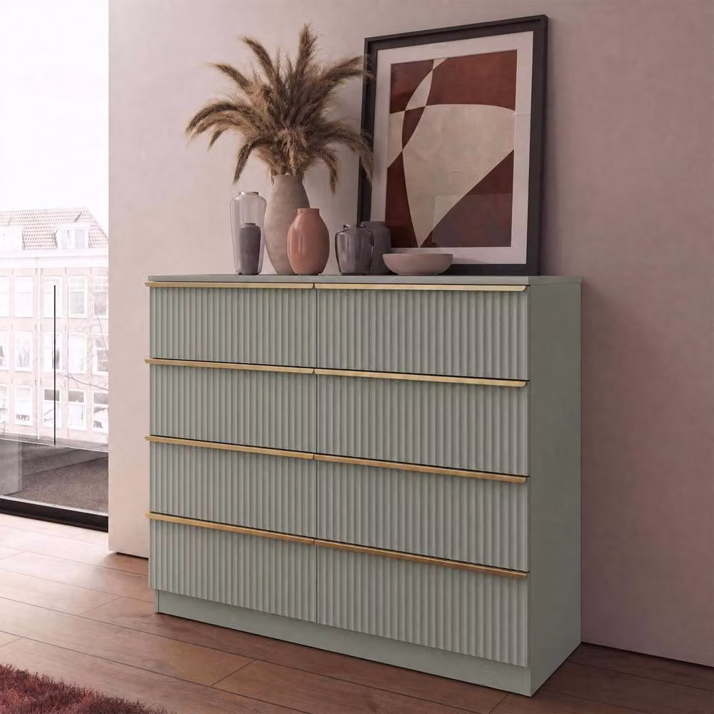 FWStyle Lania Scalloped Ripple Effect 8 Drawer Chest of Drawers in Green and Gold – 2