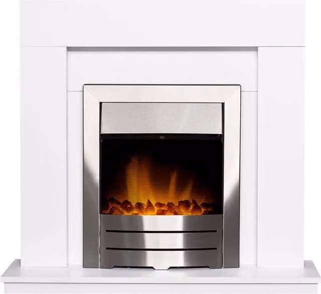 Adam Fires & Fireplaces Malmo White Fireplace with 39 Inch Colorado Electric Fire in Brushed Steel and Grey Accents – 1