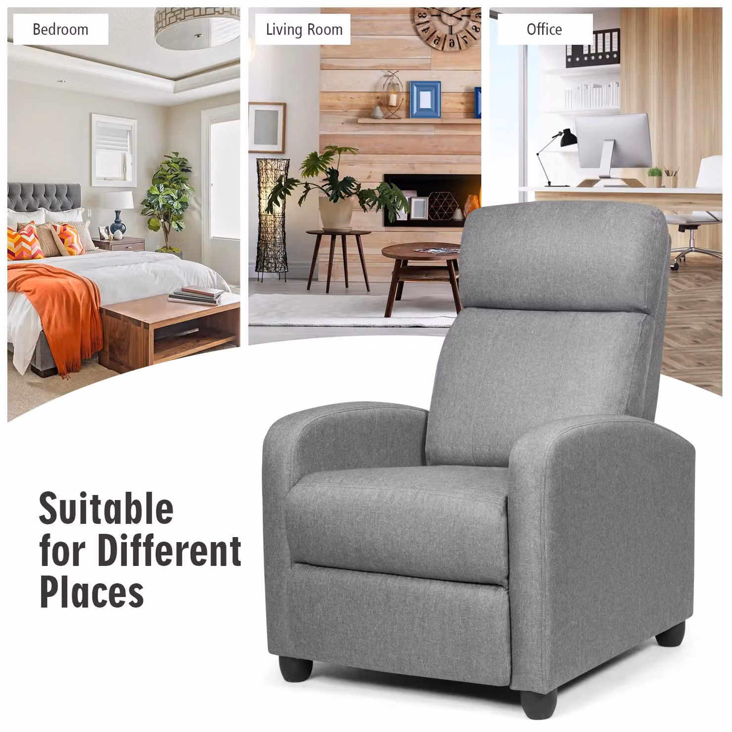 Gymax Single Reclining Sofa Chair in Grey Linen Fabric with Armrests and Metal Frame – 3