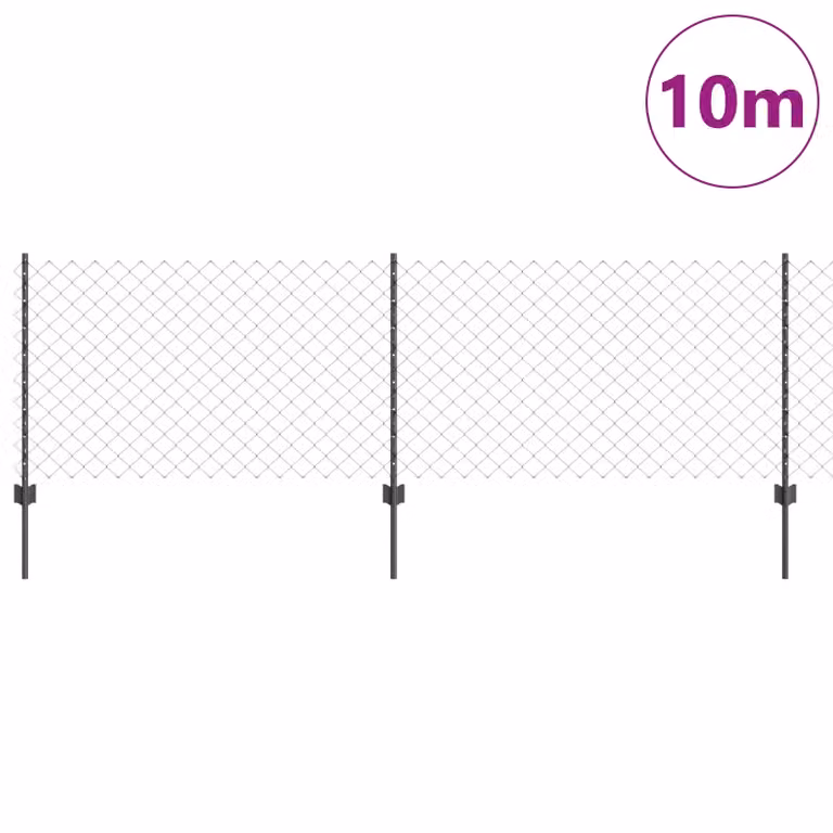 Berkfield Home Grey Steel Chain Link Fence with 10 U-Profile In-Ground Posts, W: 10 m, H: 0.8 m