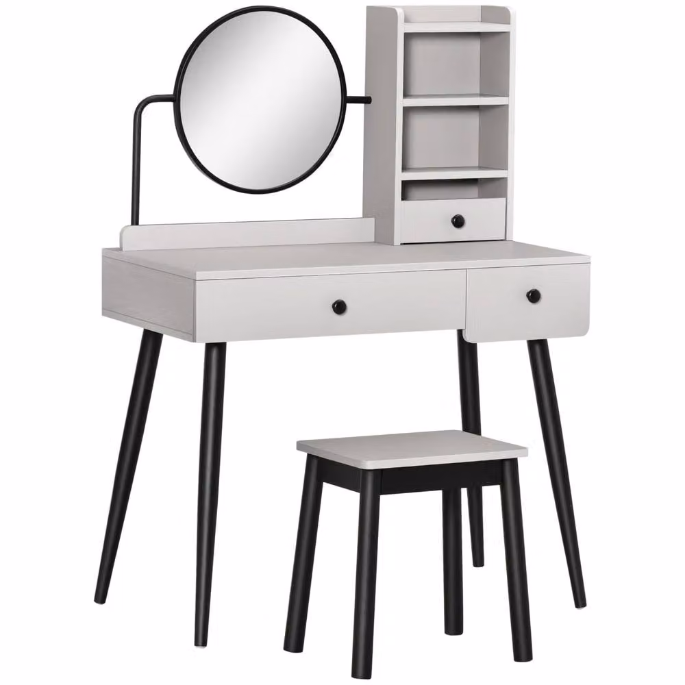 Wyld Haus Ravato Grey Dressing Table and Stool Set with 3 Drawers and Open Shelving – 2