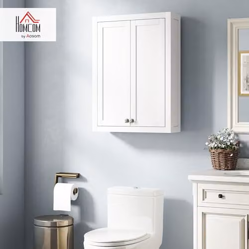 HOMCOM White Modern Wall Mounted Bathroom Cabinet with Internal Shelves and Hinged Doors W: 61 cm, D: 20 cm, H: 84 cm – 2