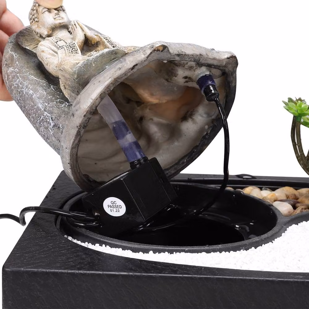 Living and Home Buddha Zen Tabletop Water Fountain in Green and Sand with LED Light – 5
