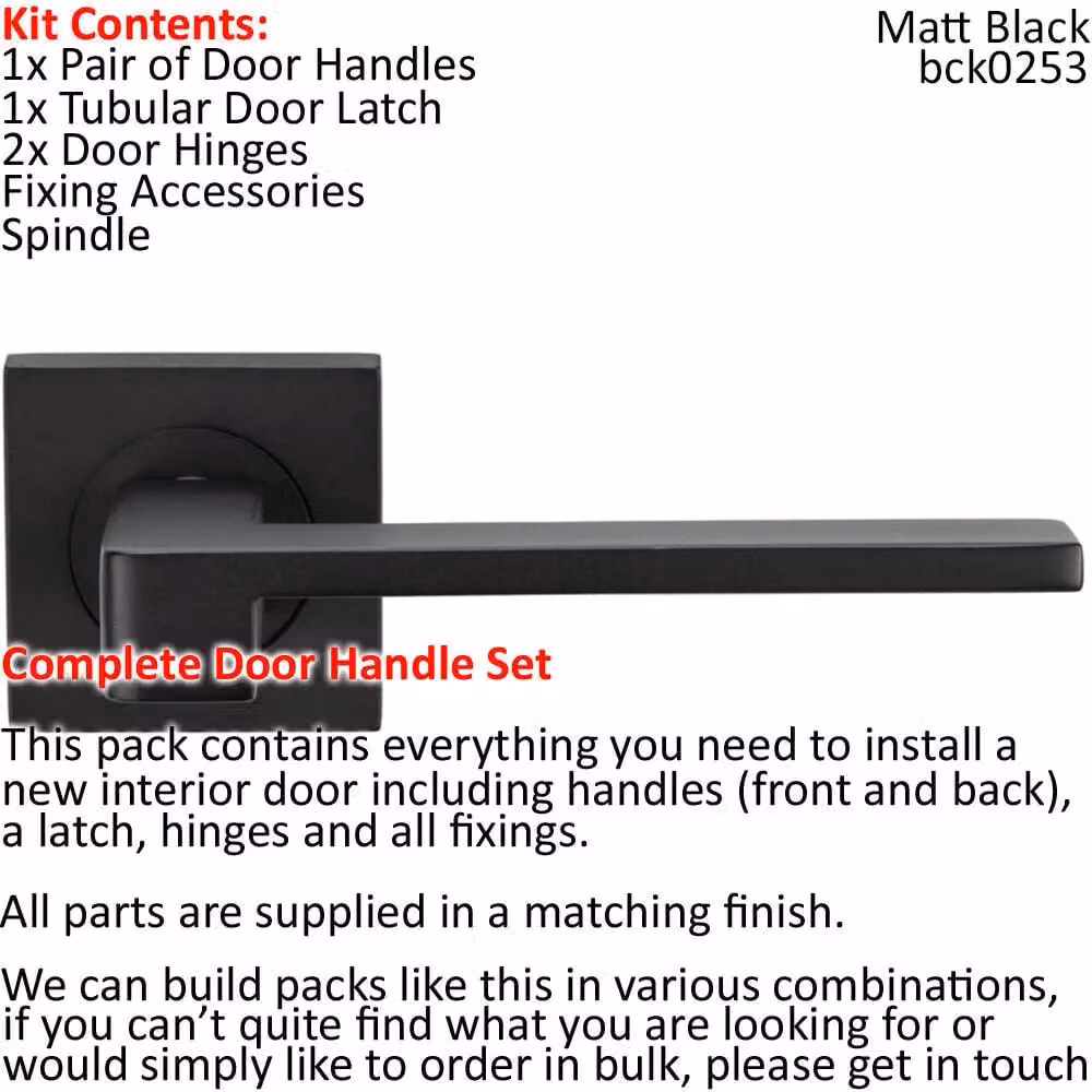 Loops Matt Black Straight Flat Lever Door Handle and Latch Pack with Square Rose
