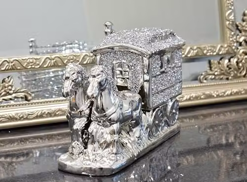DEENZ Silver Horse With Wagon Gypsy Crushed Diamond Carriage Ornament – 3