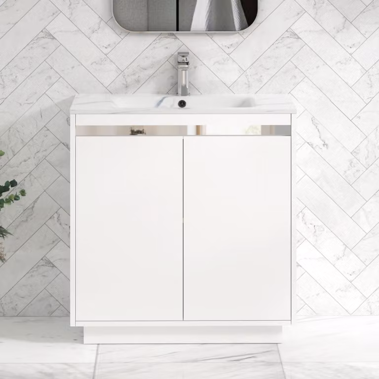 Royal Bathrooms Orion 800mm Floor Standing 2 Door Vanity Unit in Matt White with Carrara White Basin and Chrome Accent Trim