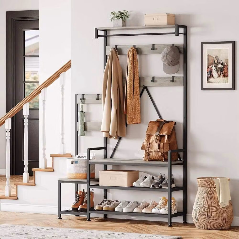 VOGREX Industrial Hall Tree with Bench and Shoe Storage in Matt Grey – 2