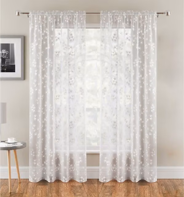 Tyrone Textiles Pair of White Floral Print Sheer Linen Look Voile Curtain Panels, Width: 137 cm