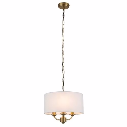 Cosylyte Winston 3 Light Classic Faux Linen Pendant Light, Brass and Beige, W/D/H: 32 x 32 x 100 cm