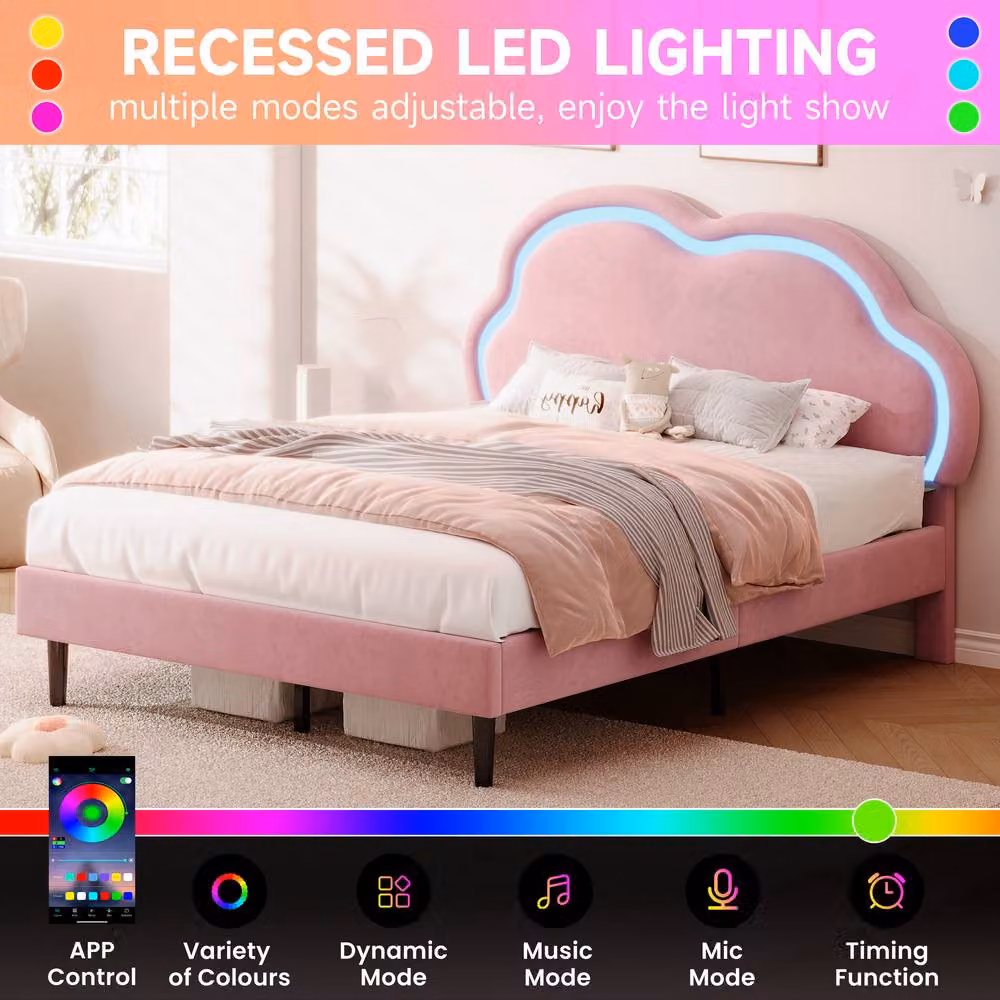 Merax Double Upholstered Velvet Bed with LED Adjustable Cloud Headboard in Pink, W/D/H: 140 x 200 cm – 3