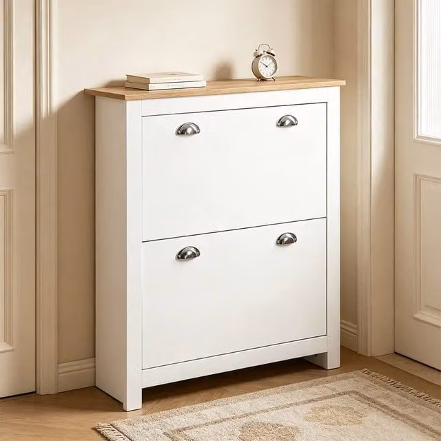 ERGOVEXA Modern Narrow White Shoe Cabinet with 2 Tilting Compartments and Internal Shelves