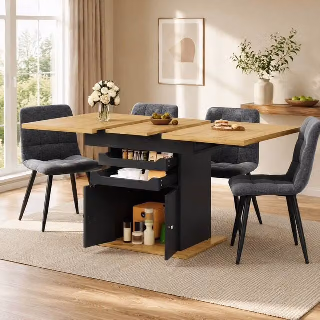 STILVORA Extendable Rectangular Dining Table with Storage and Drawers in Matt Black