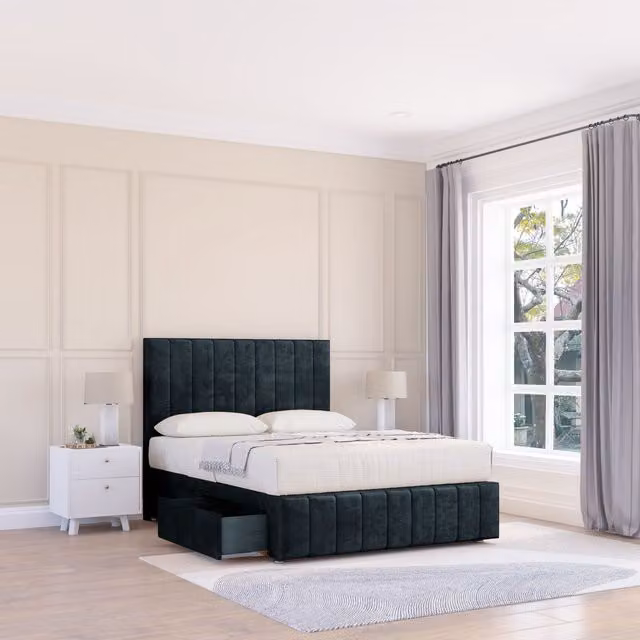 Sloomy Manhattan Small Single Divan Bed Base and 54 inch Floor Standing Headboard in Black Velvet