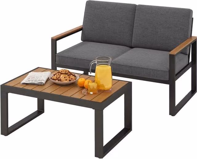 Gymax 2 Piece Grey Patio Furniture Set Featuring a 2 Seater Outdoor Sofa with Cushions and a Coffee Table