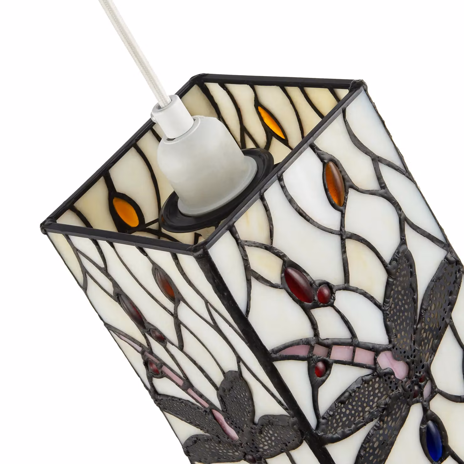 Happy Homewares White and Multicolour Stained Glass Dragonfly Rectangular Tiffany Pendant Light Shade – 3