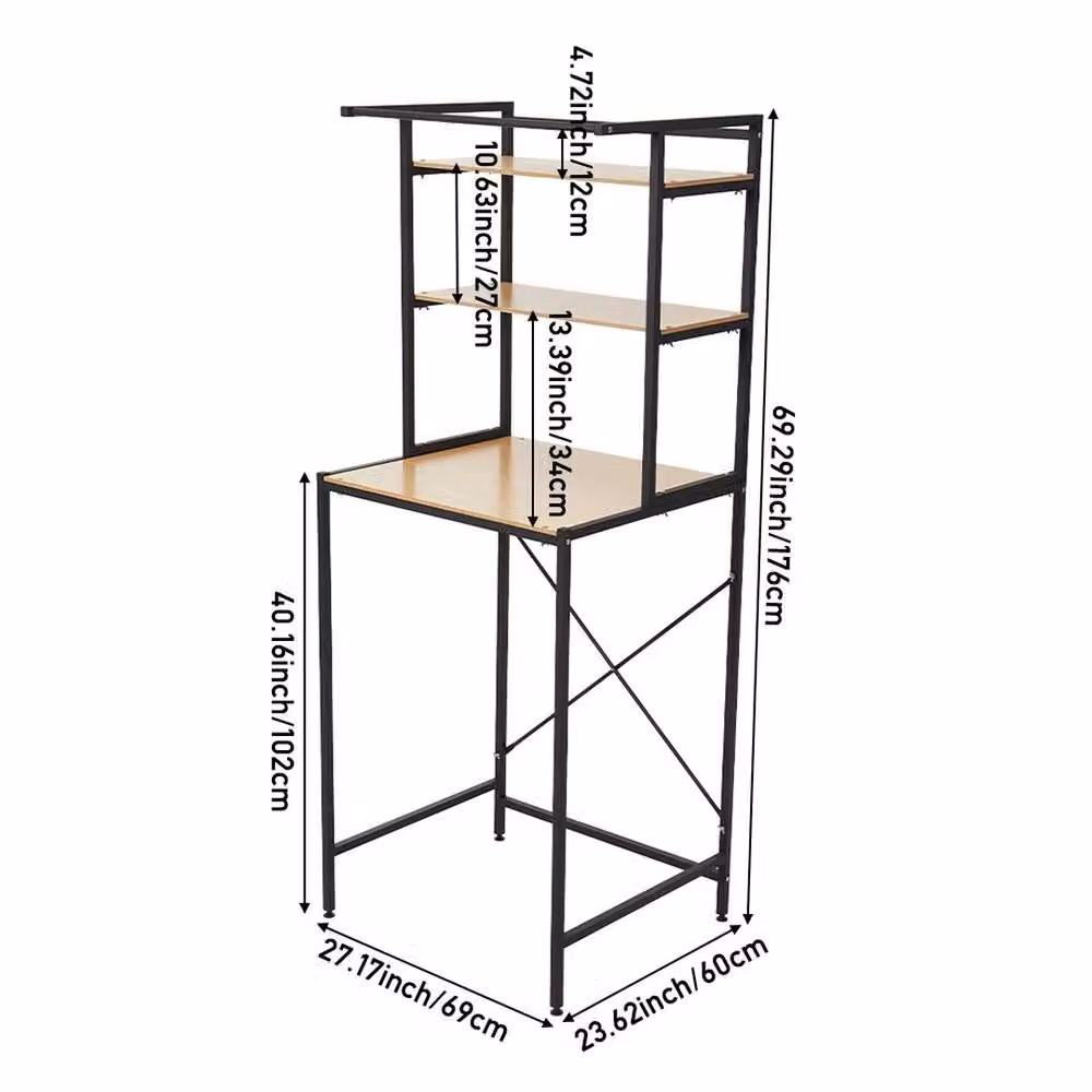 VOGREX Black 3-Tier Wood and Metal Freestanding Over Washer Rack with Adjustable Shelves and Hanging Rod – 2