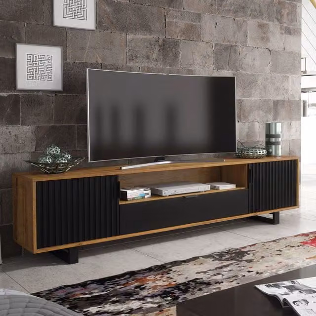 Creative Furniture Blackridge TV Unit in Brown and Black with Dark Oak Body and Matte Fluted Fronts, W: 200 cm, H: 45 cm, D: 35 cm – 1
