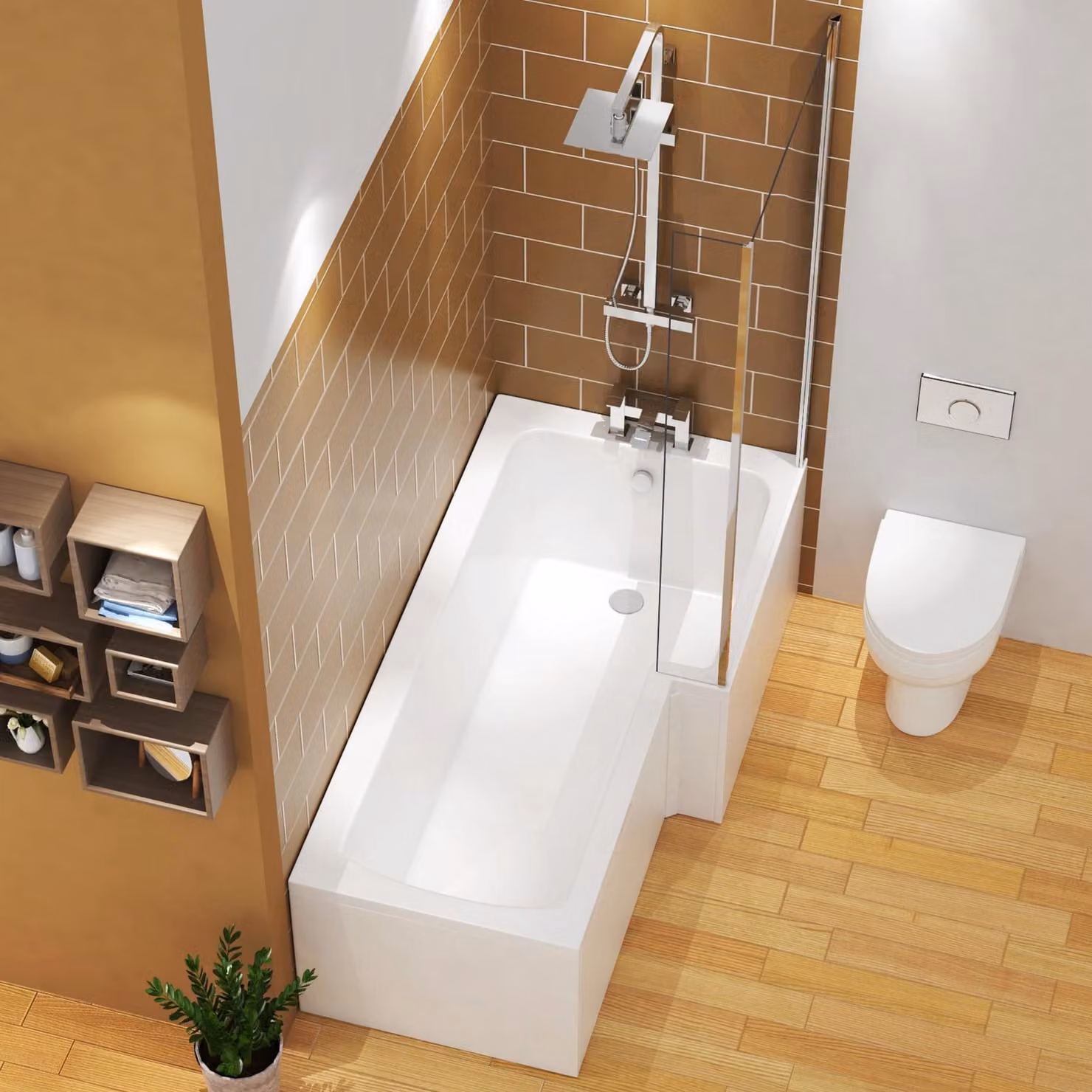 Qubix White Asymmetric L Shaped Shower Bath with Screen and MDF Front Panel, W: 160 cm, D: 85 cm, H: 45 cm