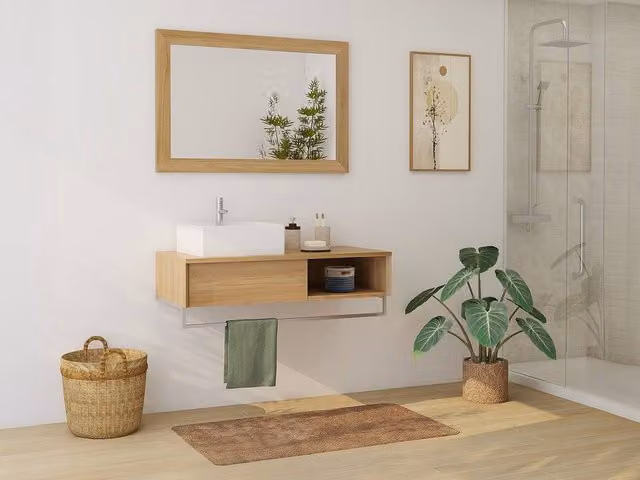 Vente-unique Wall-Mounted Teak Bathroom Vanity Unit with Towel Rail in Light Oak