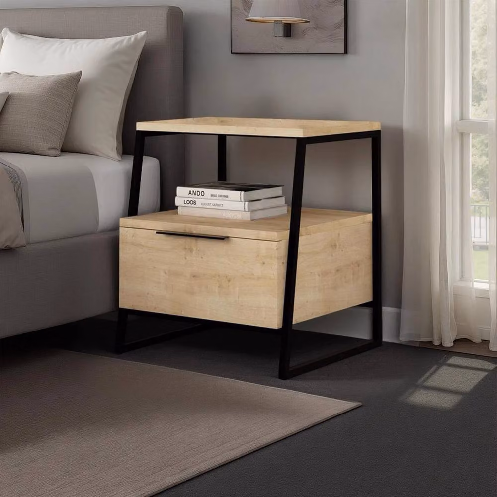 Havendro Oak 1 Door Bedside Table with Black Metal Frame in Light Oak – 3