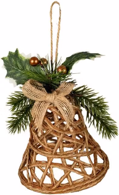 KDMD Boho Natural Rattan Bell Hanging Ornament with Branches and Ribbon in Brown and Beige