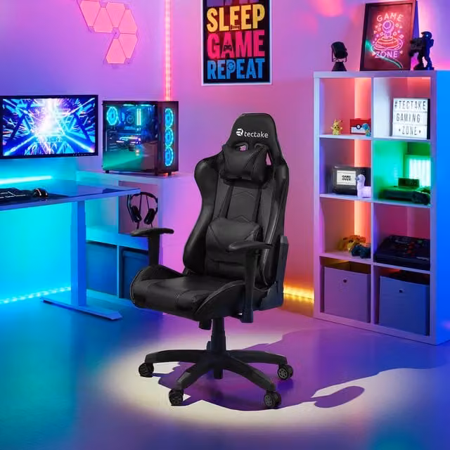 Tectake Stealth Gaming Chair in Black Synthetic Leather with Headrest and Armrests