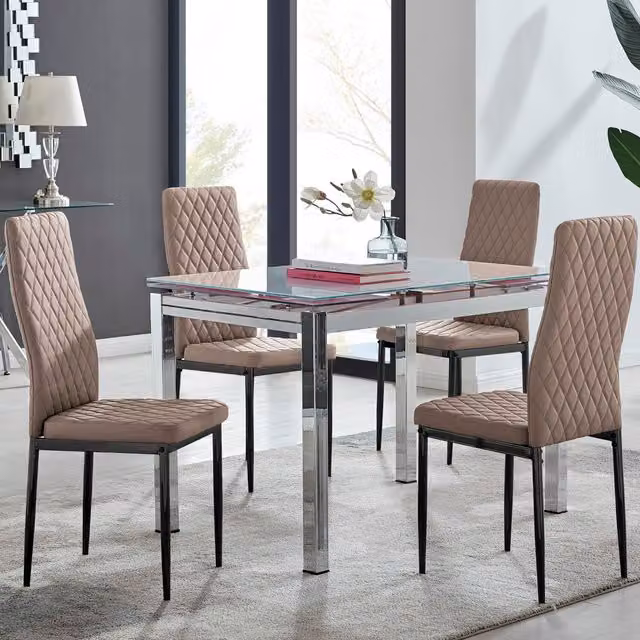 FurnitureboxUK Enna White Glass Extending Rectangular Dining Table and 4 Milan Black Leg Chairs in Cappuccino