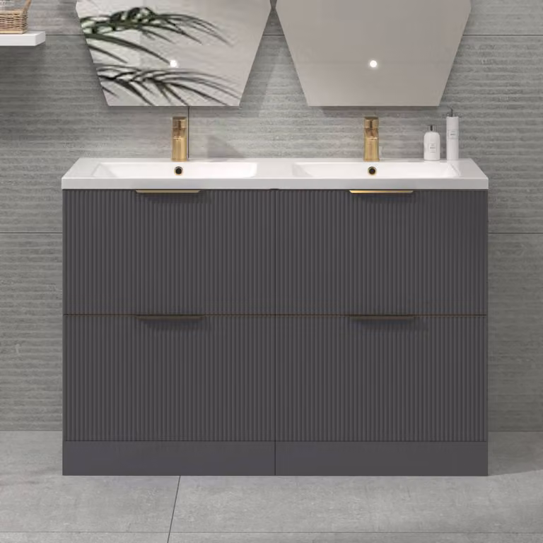 Royal Bathrooms Evora 1200mm Graphite Grey Fluted Floor Standing 4 Drawer Vanity Unit with Ceramic Basin and Brushed Brass Handles