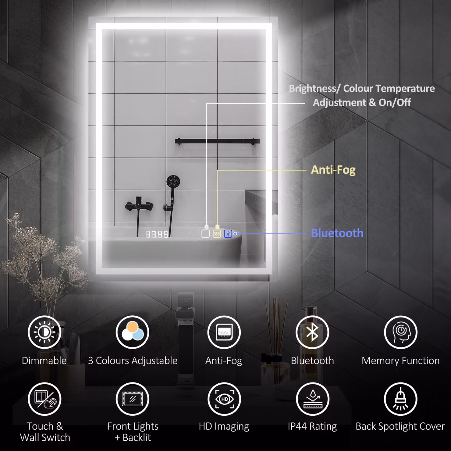 HOMCOM Silver Anti-Fog LED Bathroom Mirror with Bluetooth and Clock, W: 50 cm, H: 70 cm – 4