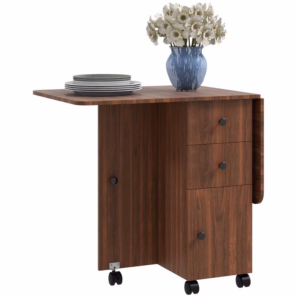 STILVORA Modern Brown Drop Leaf Dining Table with Storage and Castors – 4