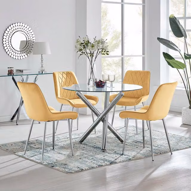 FurnitureboxUK Selina Round Glass Dining Table and Four Pesaro Upholstered Chairs in Yellow with Silver Legs