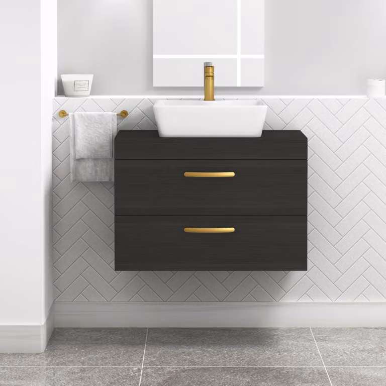 Royal Bathrooms Hale 800mm Wall Hung 2 Drawer Vanity Unit in Matt Black with Cube Countertop Basin and Brushed Brass Handle