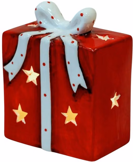 Four Candle Red and White Ceramic Christmas Tabletop Present with LED
