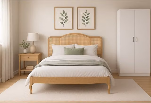 Home Treats Brown Wooden Rattan Bed Frame with Spring Mattress, W/D/H: 180 x 200 cm