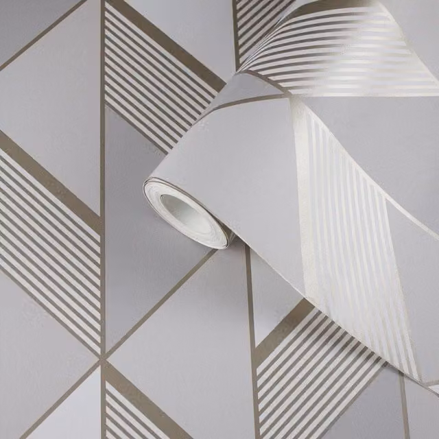 Muriva Lipsy Geometric Triangle Pattern Grey and Gold Metallic Wallpaper Roll