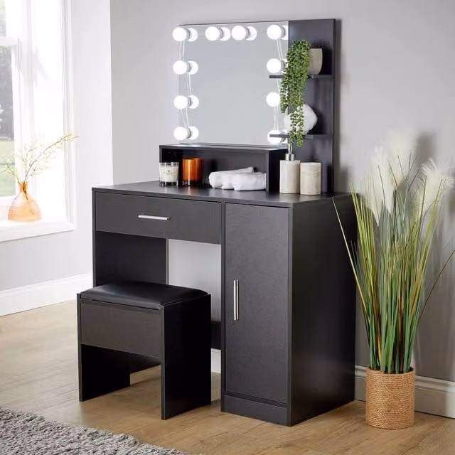 Home Source Modern Black Dressing Table with LED Hollywood Mirror and Stool Set, W/D/H: 134 x 90 x 40 cm