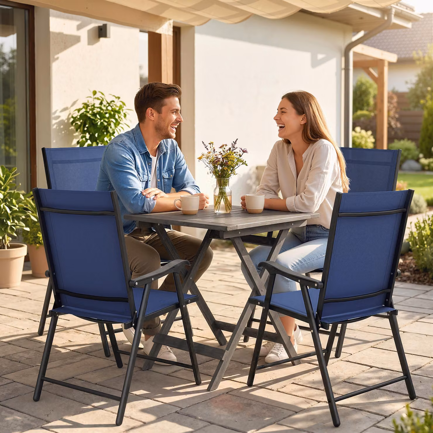Outsunny Set of 4 Folding Garden Dining Chairs with High Back, Armrests and Textilene Seats in Blue – 2