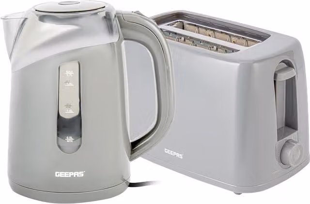 Geepas Kettle and Toaster Set in Blue and Grey with 1.7L Capacity and 2-Slice Toaster