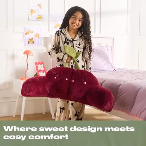 OHS Cherry Character Cuddle Cushion in Red, Soft Teddy Fleece Reading Pillow with Hollow Fibre Filling, W/D/H: 70 x 70 x 45 cm – 2