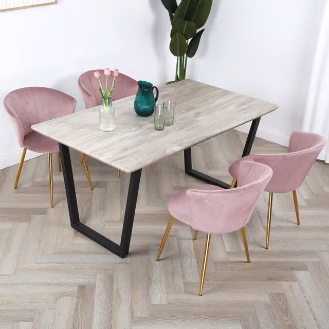 Home Garden Direct Modern Rectangular Wood-effect Dining Table Set with 4 Pink Velvet Chairs and Gold Legs