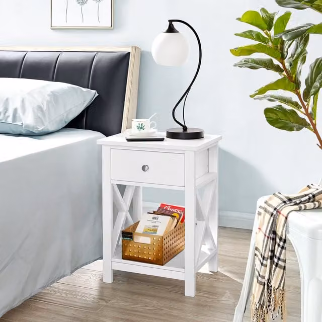 Yaheetech Modern White X Shape Bedside Table with Drawer and Shelf