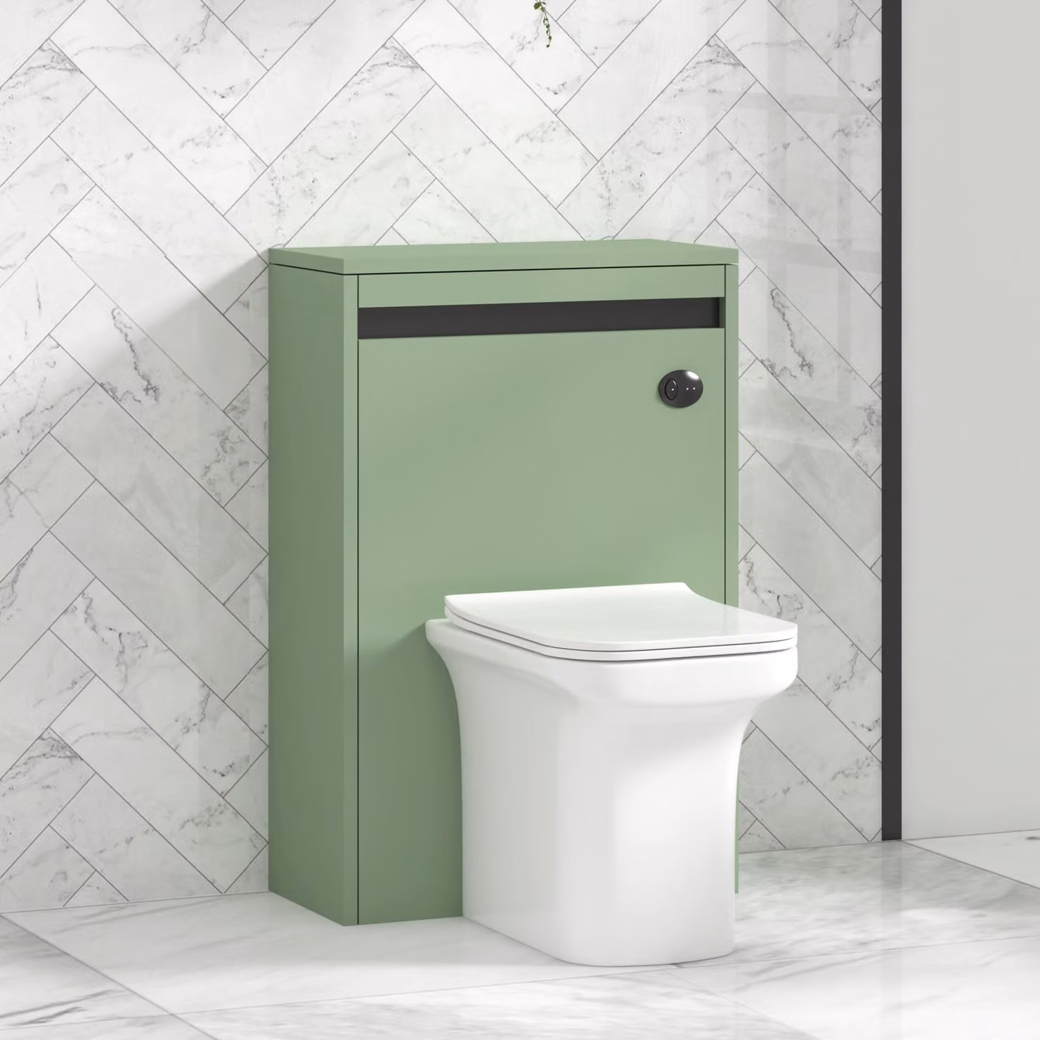 Royal Bathrooms Orion Wall Mounted Mint Sage WC Unit with Crosby Rimless Toilet Pan, Seat and Cistern, Black Accent Trim