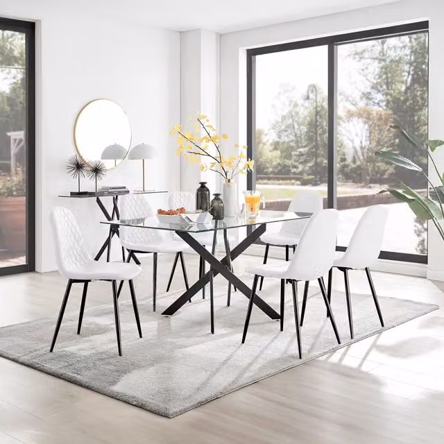 FurnitureboxUK Leonardo White Glass Dining Table with 6 Corona Black Leg Chairs