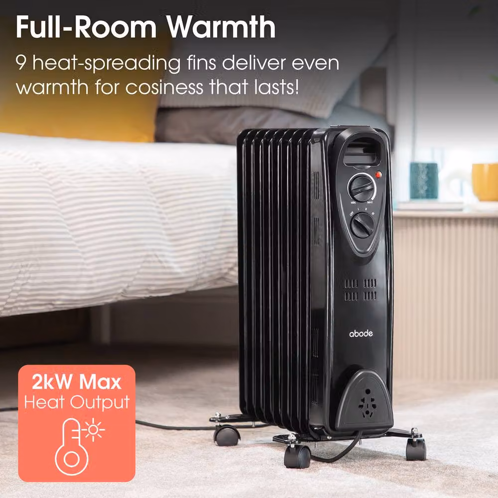 Abode 2000W 9 Fin Oil Filled Radiator Portable Electric Heater in Black – 8