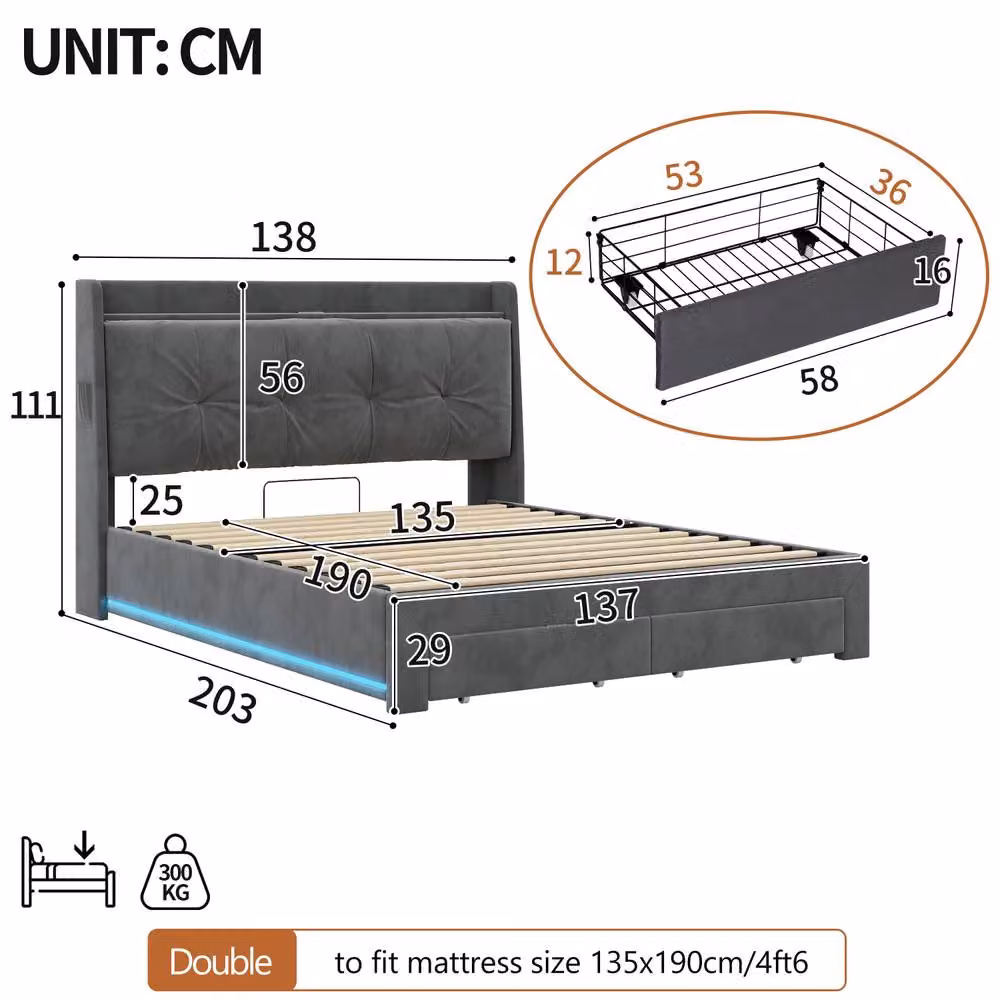 Rolipo Grey Velvet Double Ottoman Bed Frame with LED Lighting, Drawers and USB Ports, W/D/H: 140 x 200 cm – 4