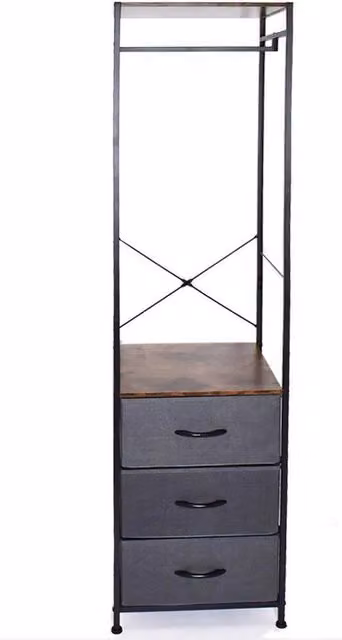 FORGEVIO Industrial Style Tall Hallway Storage Rack with 3 Grey Linen Drawers – 1