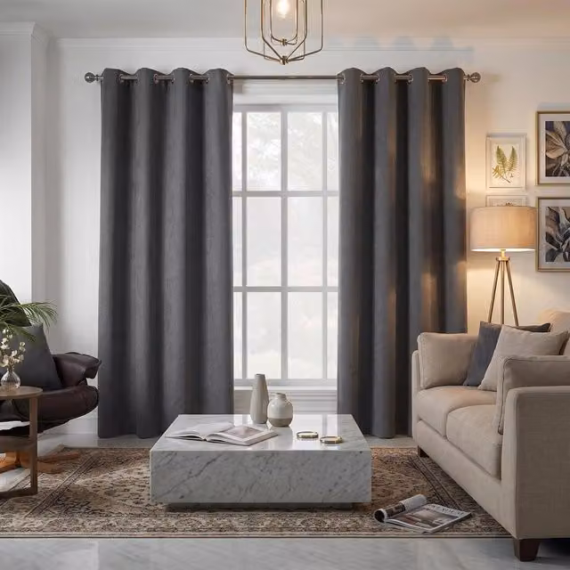 Livinluxury Grey Velvet Chenille Eyelet Ring Top Curtains, Height: 229 cm