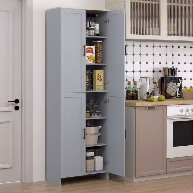 HOMCOM Modern Grey 4-Door Kitchen Storage Cabinet with Adjustable Internal Shelves