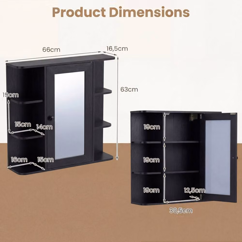 Gymax Wall Mounted Black Matt Bathroom Medicine Cabinet with Mirror and Internal Shelves – 2