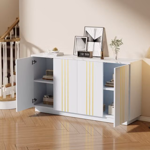 Aosom UK White Living Room Sideboard with 4 Doors and Gold Metallic Vertical Lines, W: 140 cm, D: 35 cm, H: 70 cm